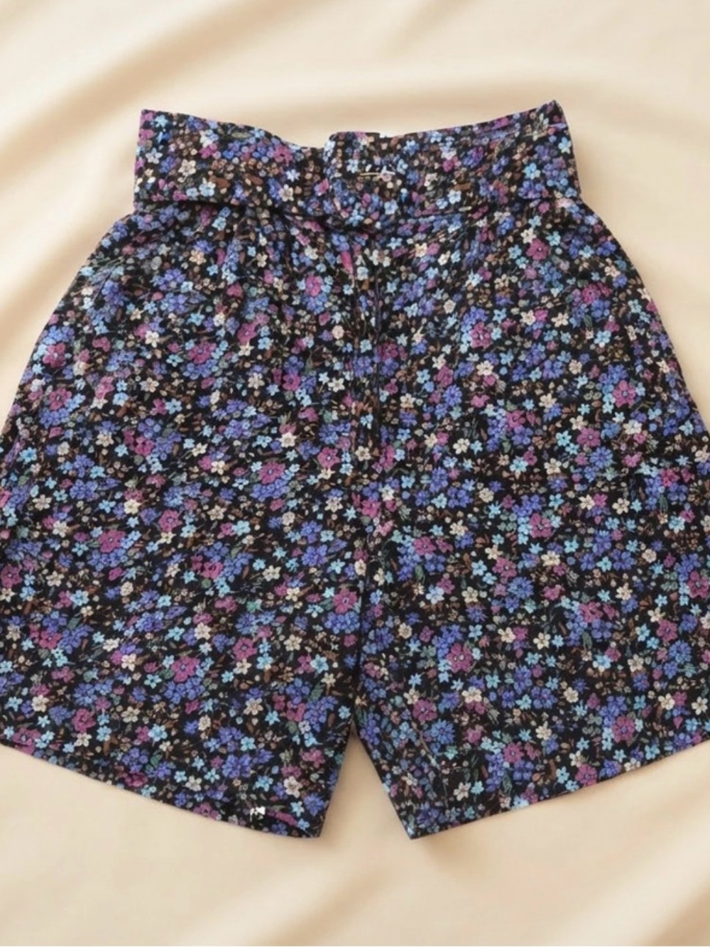 Floral High-Waist Women’s Shorts - Black with Purple & Blue Flowers